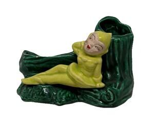 1950’s Gilner CA Pottery Planter Chartreuse Elf Pixie Lounging On Dark Green Log